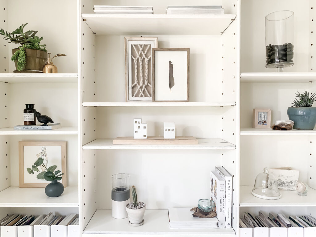 Coastal shelf styling by Calgary-based Interior Designer Lyndsay Bragg Design. 