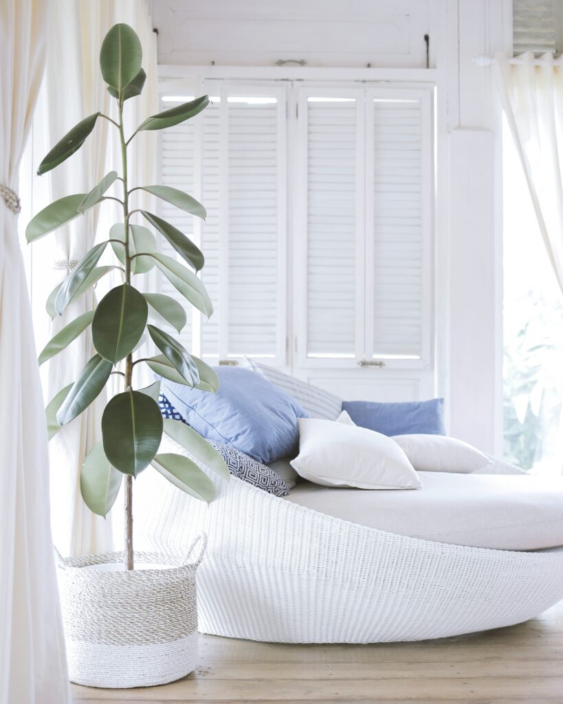 White and crisp Coastal living space with rattan textures and blue accents