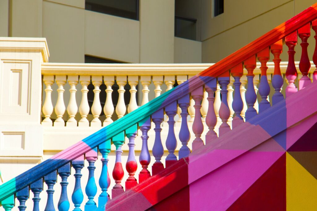 Classic architectural railing painted in bright and bold colors. 