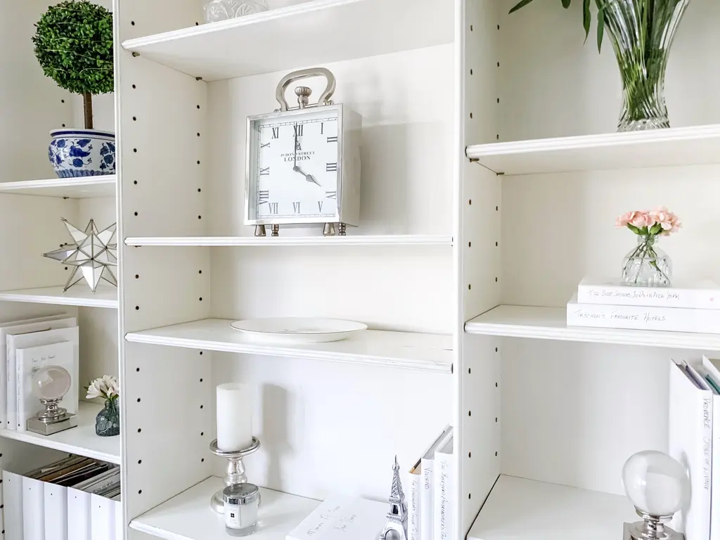 Traditional, glam shelf styling by Calgary Interior Designer, Lyndsay Bragg Design. 