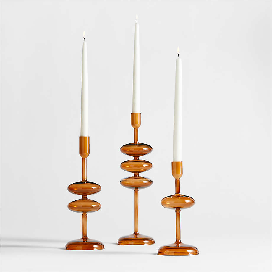 Crate and Barrel Venezia Amber Brown Glass Taper Candle Holders 