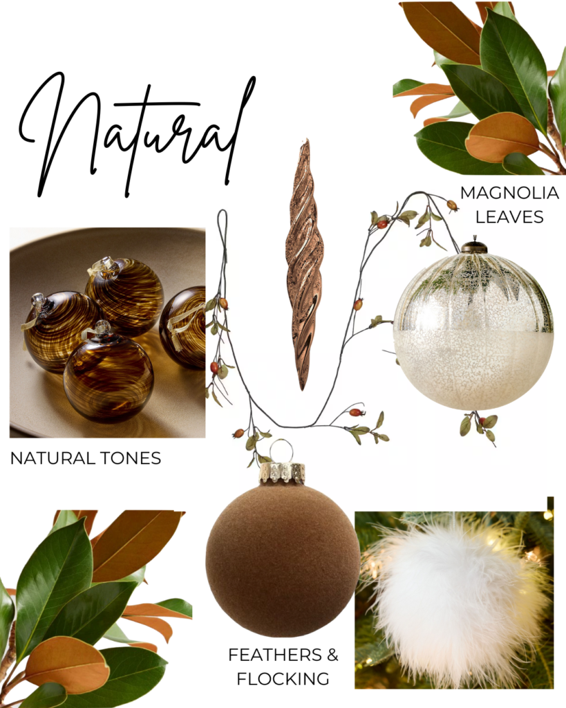 Natural Christmas Mood board with natural and neutral ornaments by Lyndsay Bragg Design