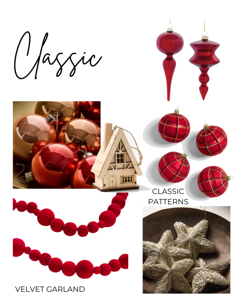 Classic Christmas Mood board with red Christmas ornaments by Lyndsay Bragg Design