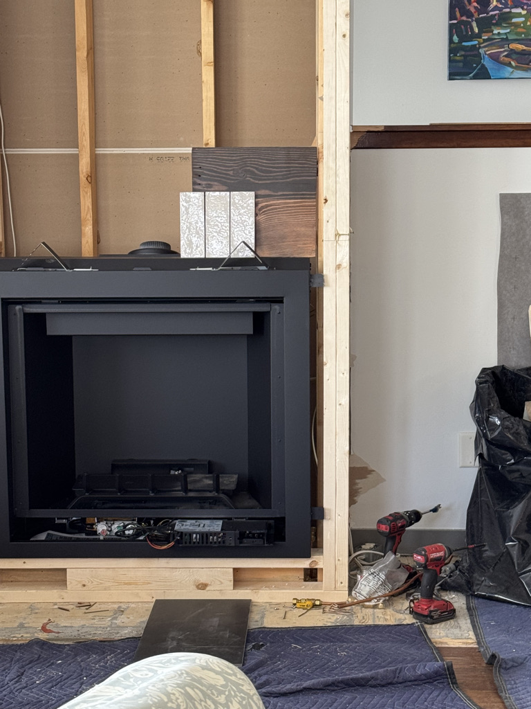 In-progress fireplace upgrade by Lyndsay Bragg Design